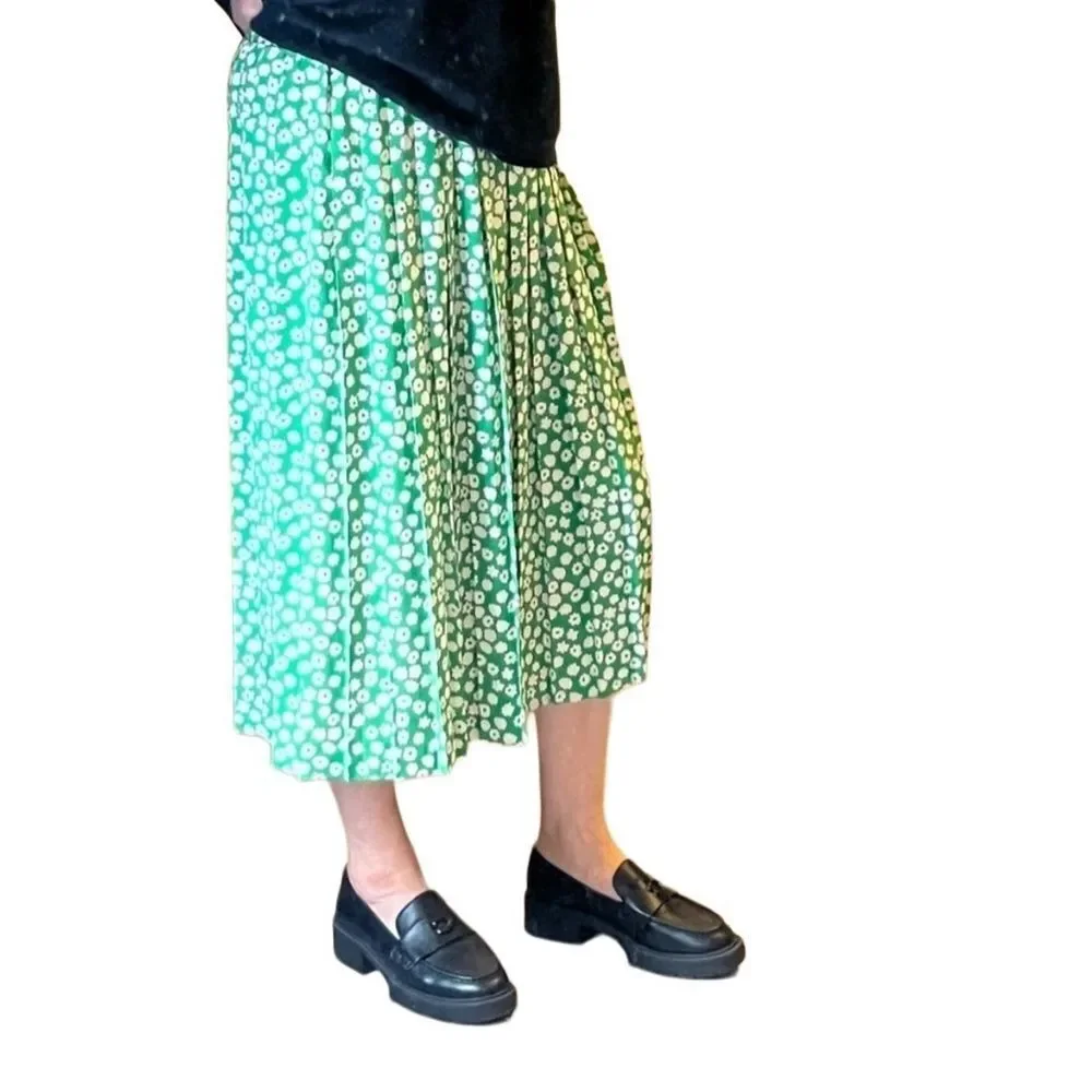 Vtg 90s Andrea Gayle Green Pleated Black White Floral Maxi Skirt 14.5” 12 M L